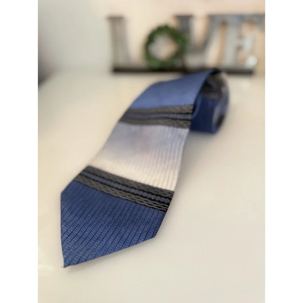 Steven Land 100% Silk Neck Tie Blue Gray‎ Black Striped Wide Handcrafted Korea